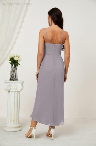 Vestido de dama de honor de gasa con escote en V y abertura media, vestido formal de fiesta, vestido de bienvenida 2803 