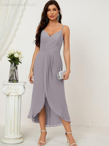 Vestido de dama de honor de gasa con escote en V y abertura media, vestido formal de fiesta, vestido de bienvenida 2803 