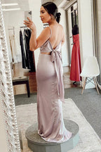 Robe de demoiselle d'honneur fourreau rose poudré à col vache et dos lacé BD127