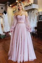 Vestidos de fiesta de dos piezas de tul con mangas largas y apliques