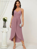 Vestido de dama de honor de gasa con escote en V y abertura media, vestido formal de fiesta, vestido de bienvenida 2803 