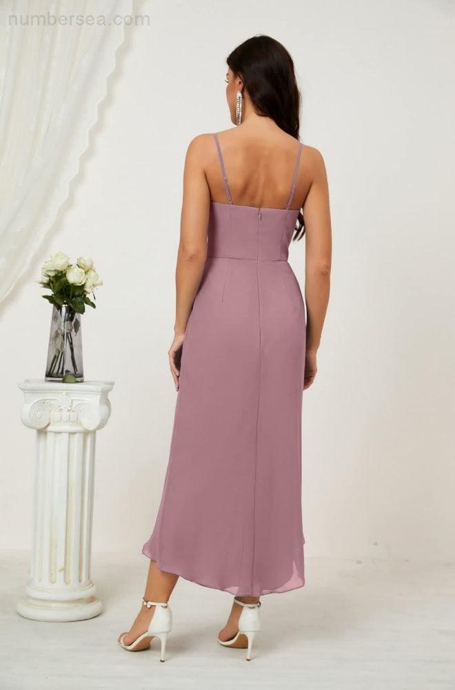 Vestido de dama de honor de gasa con escote en V y abertura media, vestido formal de fiesta, vestido de bienvenida 2803 