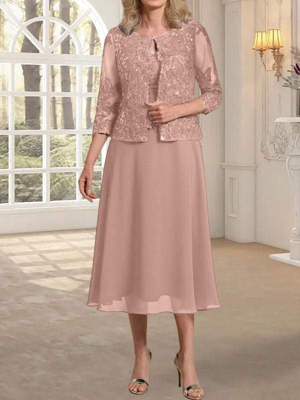 Vestido de novia de corte línea A, escote redondo, largo hasta la rodilla, de encaje y gasa con lentejuelas. 