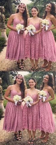 Vestidos de dama de honor cortos de encaje rosa empolvado con tirantes finos y sin mangas