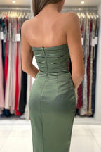 Dusty Sage Mermaid Strapless Prom Dresses With Slit, Evening Gown