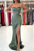 Dusty Sage Mermaid Strapless Prom Dresses With Slit, Evening Gown
