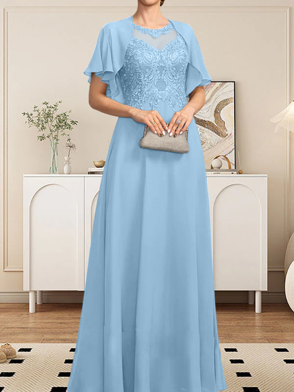 Robe de mère de la mariée en mousseline de dentelle, coupe trapèze, décolleté illusion, longueur au sol, ornée de sequins