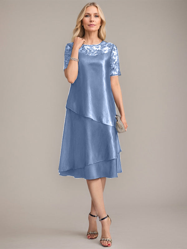 Vestido de corte A, escote redondo, largo hasta la rodilla, para la madre de la novia, con apliques y lentejuelas. 