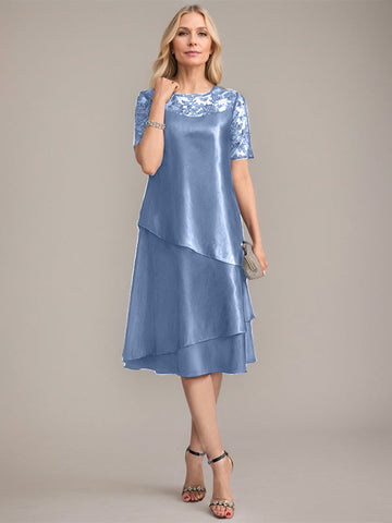 Vestido de corte A, escote redondo, largo hasta la rodilla, para la madre de la novia, con apliques y lentejuelas. 