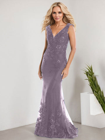 A-line V-Neck Floor-Length Lace Chiffon Mother of the Bride Dress With Applique Sequins Mermaid Dresses