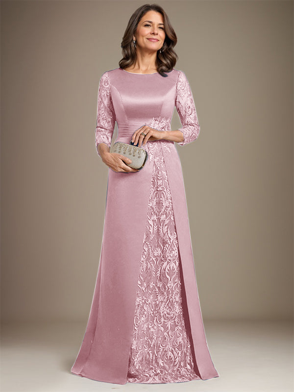 Robe de mère de la mariée en satin de dentelle, coupe trapèze, longue jusqu'au sol, ornée d'appliqués, avec décolleté plongeant et bretelles.