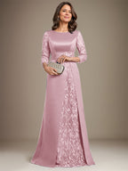 Robe de mère de la mariée en satin de dentelle, coupe trapèze, longue jusqu'au sol, ornée d'appliqués, avec décolleté plongeant et bretelles.