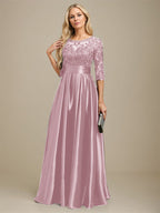 Robe de mariée longue en satin stretch dentelle et dentelle, coupe trapèze, décolleté illusion, ornée d'un nœud à sequins 