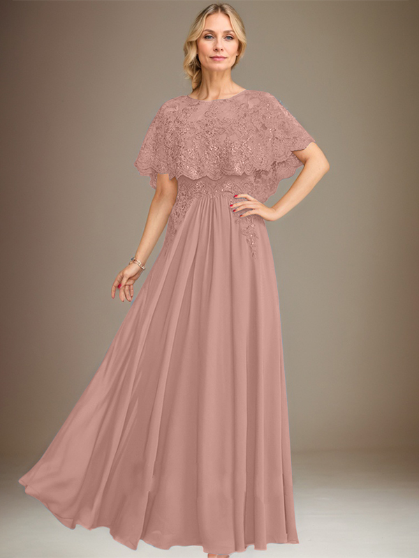 Robe de mère de la mariée en mousseline de soie dentelle, coupe trapèze, col bateau, longueur au sol, ornée d'appliqués de sequins 
