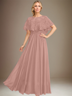 Robe de mère de la mariée en mousseline de soie dentelle, coupe trapèze, col bateau, longueur au sol, ornée d'appliqués de sequins 