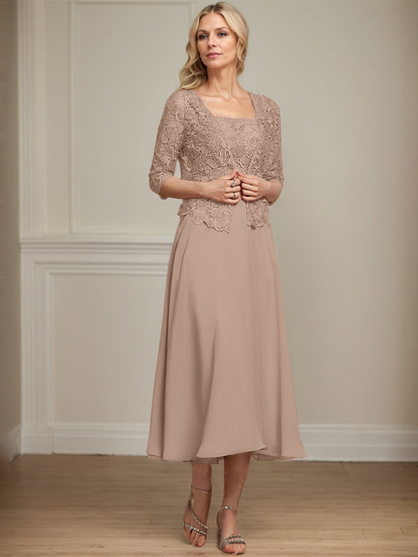 Vestido de corte A, largo midi, de gasa, encaje y lentejuelas para la madre de la novia. 
