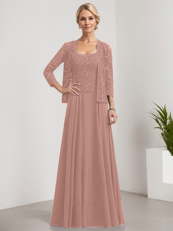 Vestido de corte A, cuadrado, largo hasta el suelo, de encaje y gasa con lentejuelas para la madre de la novia 