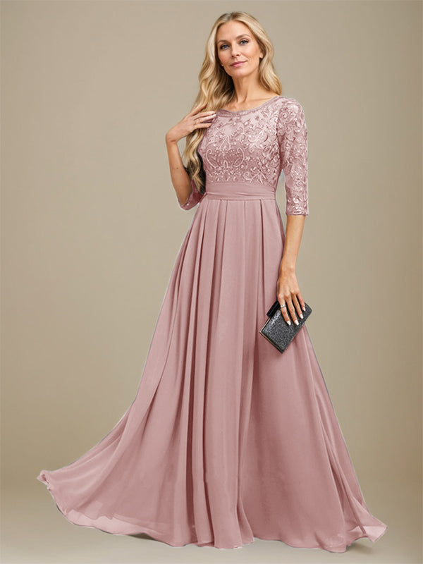 Vestido de corte A, escote redondo, largo hasta el suelo, de gasa de encaje con apliques de lentejuelas para la madre de la novia. 