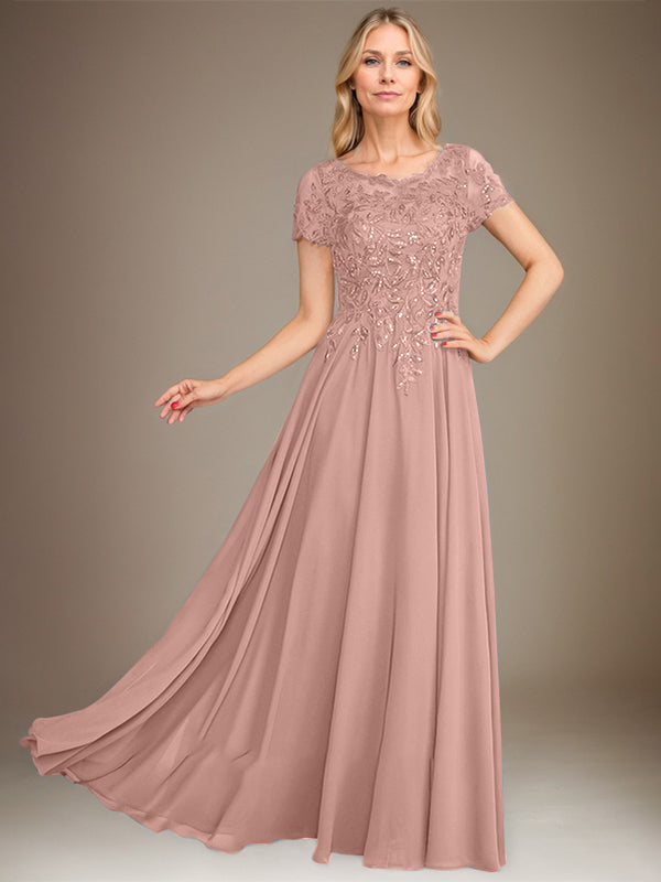 Vestido de corte A, escote redondo, largo hasta el suelo, de gasa, para la madre de la novia, con apliques y lentejuelas. 