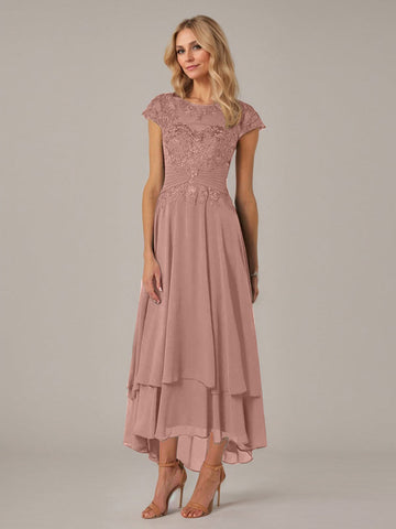 A-line Boat Neck Illusion Asymmetrical Chiffon Lace Mother of the Bride Dress With Applique Pleats