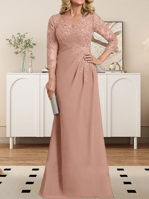 Vestido de novia de corte recto/columna, escote en V ilusión, largo hasta el suelo, de gasa de encaje con lentejuelas plisadas. 