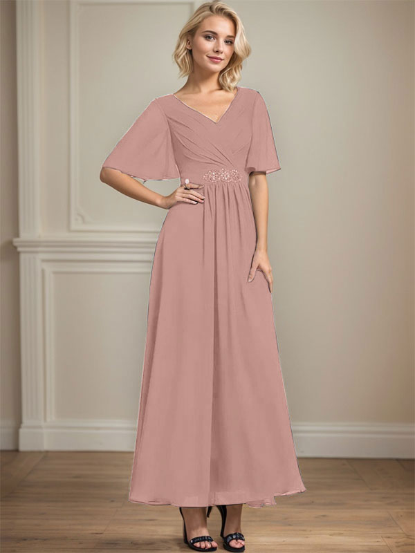 Vestido de gasa de corte A, escote en V, largo hasta el tobillo, para la madre de la novia, con lentejuelas y cuentas plisadas.