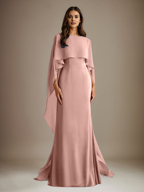 Vestido de gasa de corte recto/columna, escote barco y largo hasta el suelo, para la madre de la novia, con volantes en cascada. 