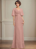 Vestido de corte A, escote en V, largo hasta el suelo, de gasa, para la madre de la novia, con apliques de lentejuelas plisadas y encaje.