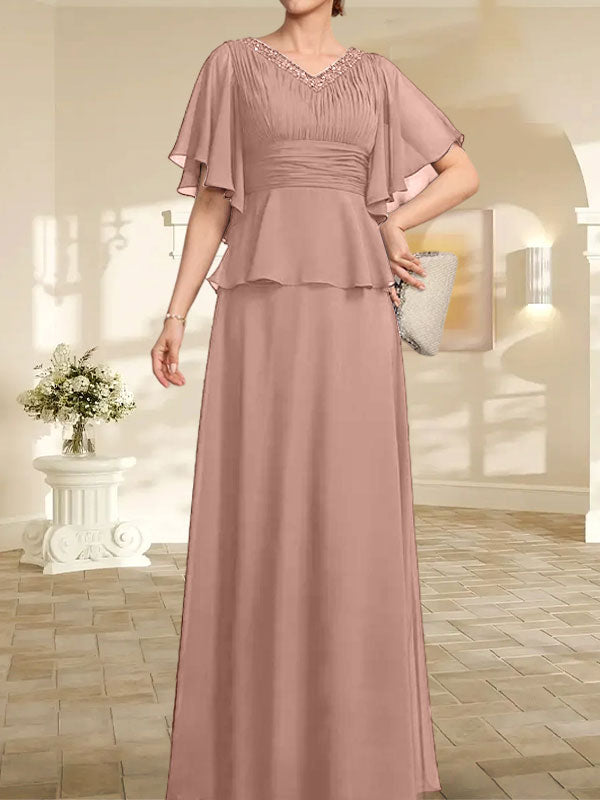 Vestido de gasa de corte A, escote en V, largo hasta el suelo, para la madre de la novia, con plisados ​​y cuentas.