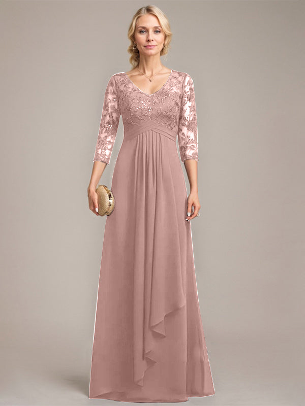 Vestido de novia de corte línea A, escote en V, largo hasta el suelo, de gasa de encaje con volantes en cascada y lentejuelas. 