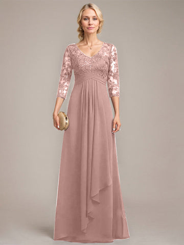 A-line V-Neck Floor-Length Lace Chiffon Mother of the Bride Dress With Cascading Ruffles Sequins