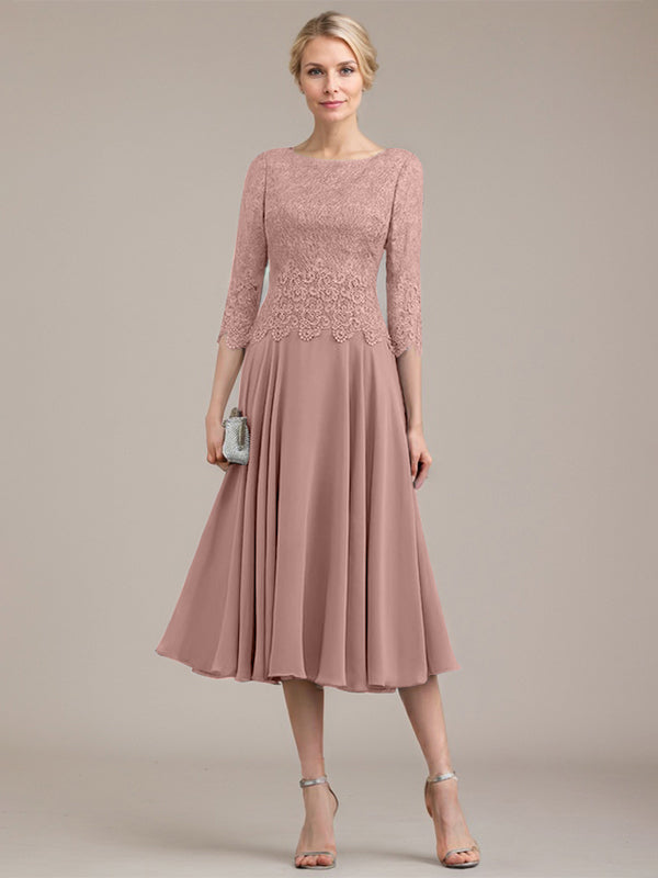 Vestido de corte A con escote redondo y largo hasta la rodilla en gasa de encaje para la madre de la novia 