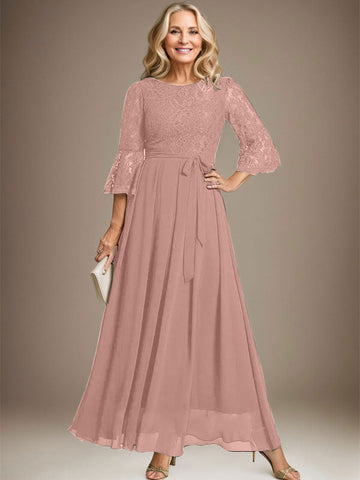 A-line Scoop Ankle-Length Lace Chiffon Mother of the Bride Dress With Bow