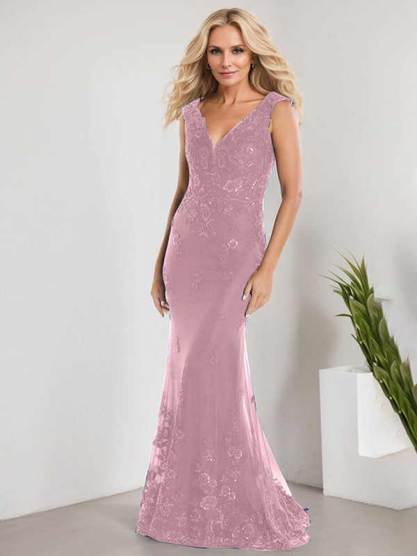 Vestido de sirena para la madre de la novia, corte sirena, escote en V, largo hasta el suelo, de gasa de encaje con apliques de lentejuelas. 