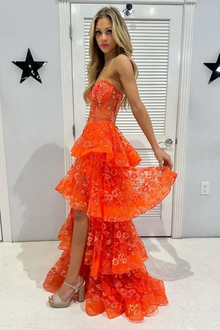 Vestido de fiesta naranja elegante, sin tirantes, corte en A, con encaje, apliques en capas y abertura lateral Y7885