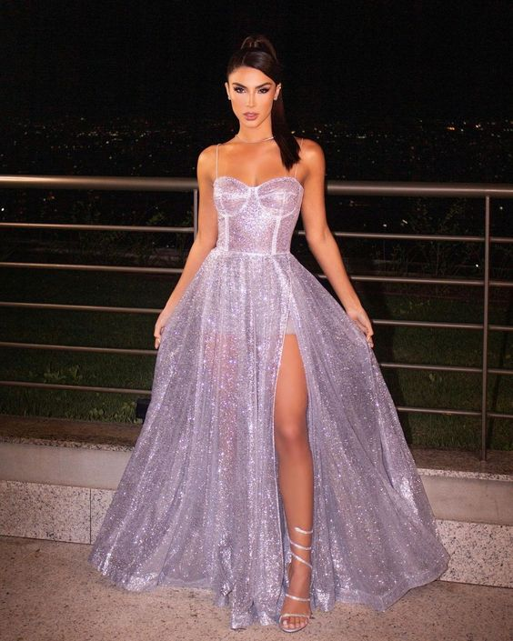 Vestido de noche largo para mujer, corte en A, tirantes finos, único, modesto, elegante y brillante Y5995