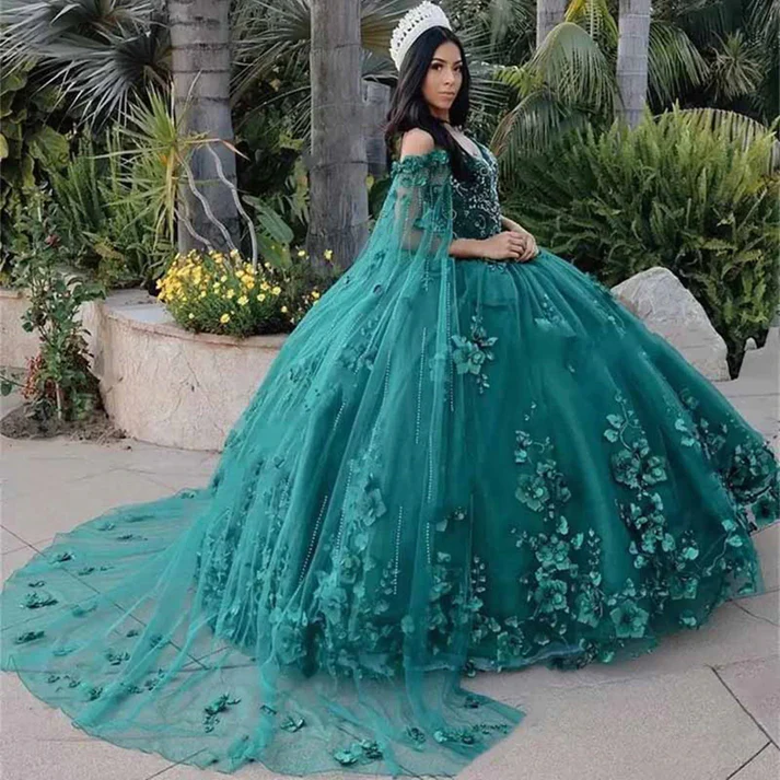 Vestido de quinceañera princesa con hombros descubiertos, escote corazón, pedrería con flores 3D, vestido de baile, capa de tul, Robe De Soirée Y4334