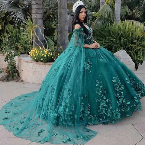 Robe de princesse pour quinceañera, épaules dénudées, décolleté cœur, perles et fleurs 3D, robe de bal, cape en tulle, robe de soirée Y4334