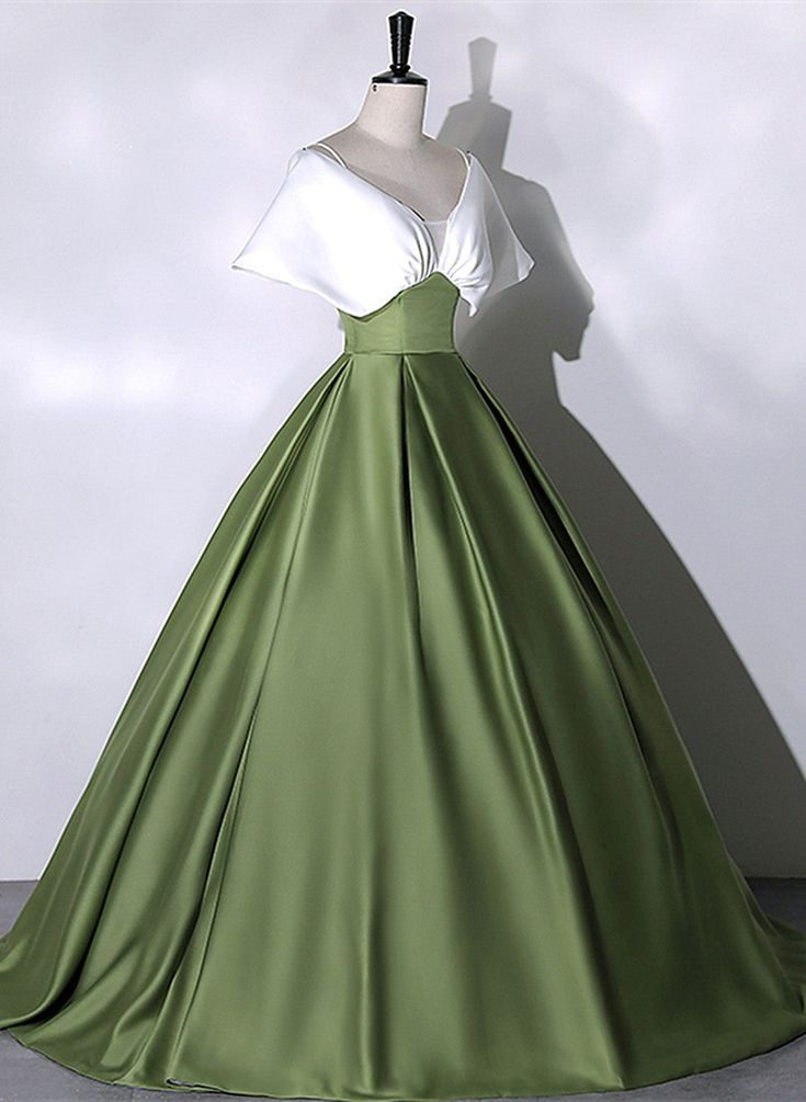 Vestido largo de gala de satén verde y blanco, vestido largo formal Y7001