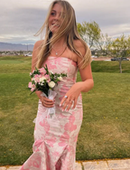 Robe de soirée sirène en satin rose poudré à imprimé floral Y7828