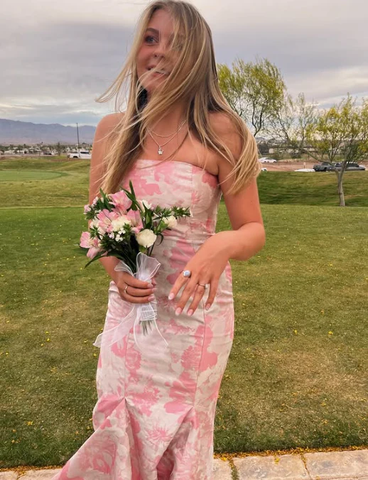 Vestido de noche de sirena con estampado floral en satén rosa dulce Y7828