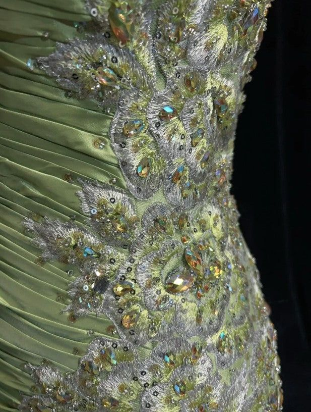 Vintage Green Mermaid Satin Beaded Sequin Evening Dress Spaghetti Strap Long Prom Dress Y8556