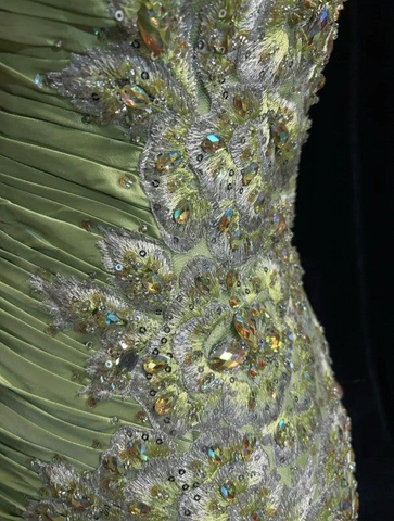 Robe de soirée sirène verte vintage en satin à sequins et perles, bretelles spaghetti, longue robe de bal Y8556