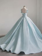 Vestido largo de baile azul satinado, vestido azul para quinceañera Y392