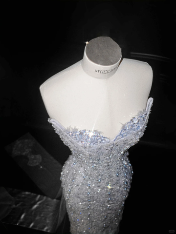 Vestido largo de noche de fiesta, corte sirena, azul, sin tirantes, con lentejuelas y cuentas, modelo Y8654