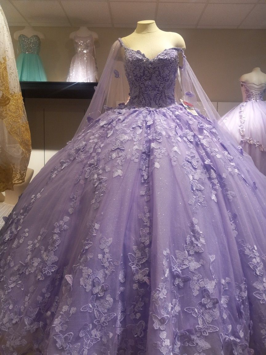 Vestido de quinceañera de baile esponjoso morado con mariposas, encaje y tul para niñas, dulce 15, 16 años, Y5214