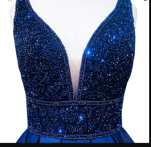 Robe de soirée longue pour femme, bleu marine, col en V, sans manches, dos nu, ornée de perles, référence Y1193