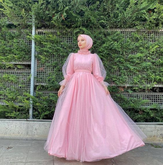 Vestido largo de fiesta de tul rosa, vestido de noche de tul rosa Y6325