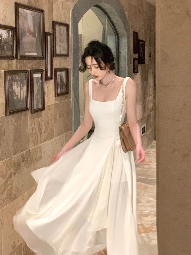 Elegantes vestidos midi blancos con volantes, nuevo vestido de noche de verano Y4454