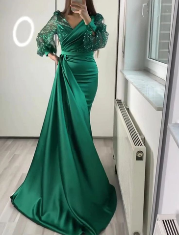 Vestido de noche de satén verde oscuro con escote en V estilo sirena y manga larga Y6109